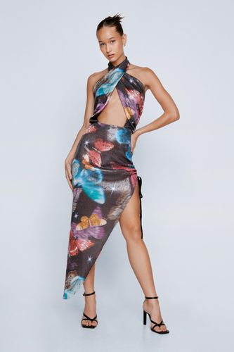 Womens Printed Butterfly Sequin Halterneck Midi Dress - - 6 - Nasty Gal - Modalova