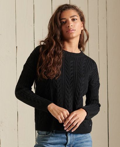 Women's Dropped Shoulder Cable Knit Crew Neck Jumper Black - Size: 6 - Superdry - Modalova