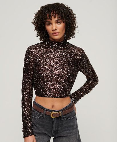 Women's Long Sleeve Sequin Crop Top Brown / Bronze Mega Sequin - Size: 16 - Superdry - Modalova