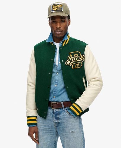 Men's Colourblock Relaxed Fit Varsity Wool Bomber Jacket, Green and Cream, Size: L - Superdry - Modalova