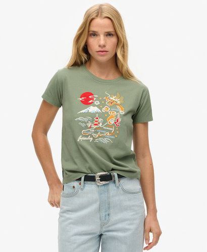 Women's Suika Embroidered Fitted Tee Green / Laurel Khaki - Size: 8 - Superdry - Modalova