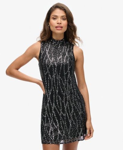 Women's Sleeveless Sequin A Line Mini Dress Black / Black Sequin - Size: 14 - Superdry - Modalova