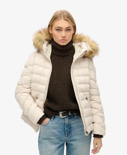 Women's Fuji Faux Fur Hooded Padded Jacket Beige / Rainy Day Grey - Size: 10 - Superdry - Modalova