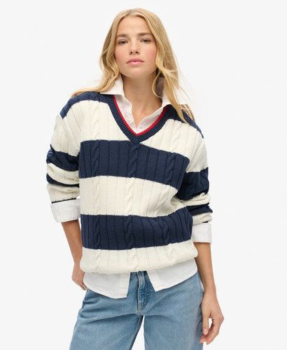 Women's Stripe Oversized Cable V Neck Jumper Navy / Richest Navy Stripe - Size: 14-16 - Superdry - Modalova