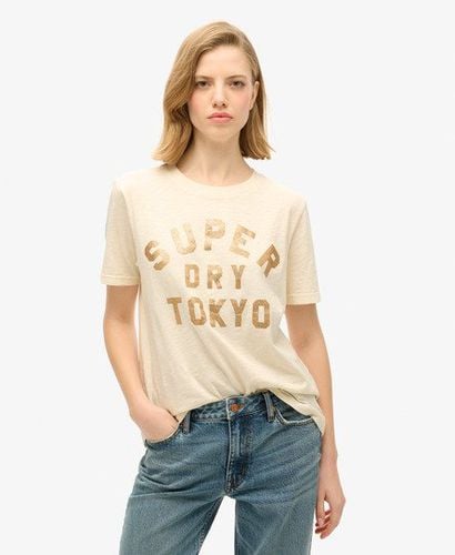 Women's Glitter Logo Relaxed T-Shirt Cream / Cream Slub - Size: 12 - Superdry - Modalova