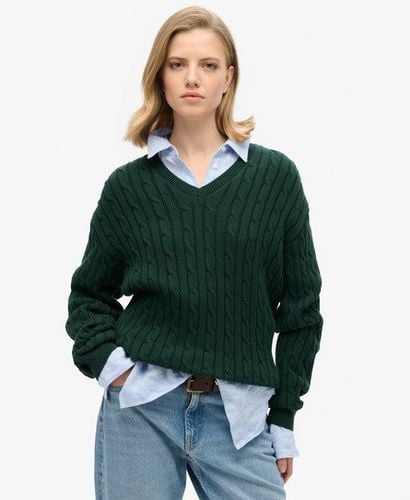 Women's Oversized V Neck Cable Jumper Dark Green / Darkest Pine Green - Size: 14-16 - Superdry - Modalova