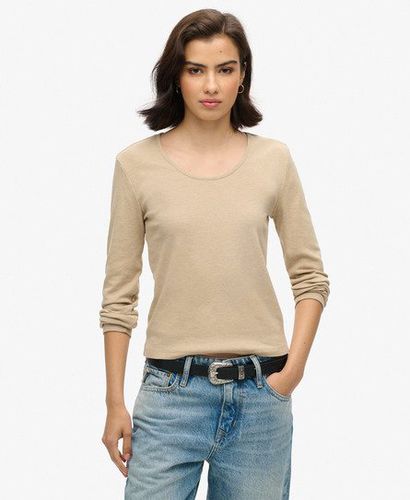 Women's Fine Rib Scoop Neck Long Sleeve Top Beige / Crockery Brown Marl - Size: 12 - Superdry - Modalova