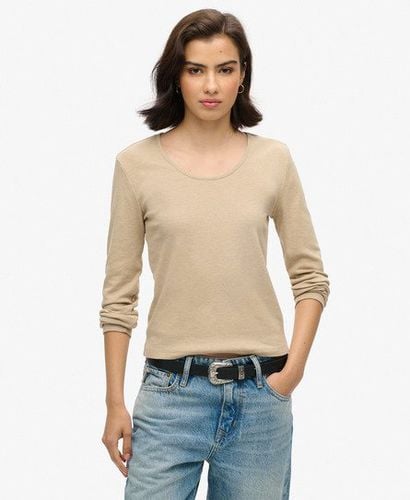 Women's Fine Rib Scoop Neck Long Sleeve Top Beige / Crockery Brown Marl - Size: 14 - Superdry - Modalova