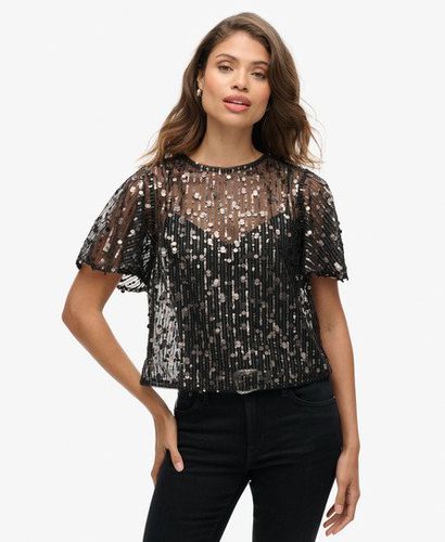 Women's Sheer Short Sleeve Sequin Top Black/Grey / Stadium Grey Grit - Size: 14 - Superdry - Modalova