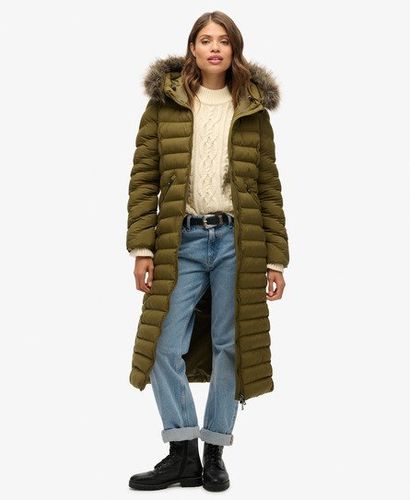 Women's Fuji Faux Fur Hooded Longline Jacket Green / Dark Olive - Size: 10 - Superdry - Modalova