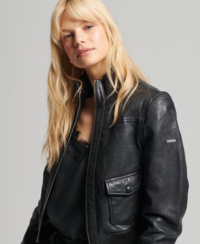 Women's Knitted Collar Leather Bomber Jacket Black - Size: 10 - Superdry - Modalova