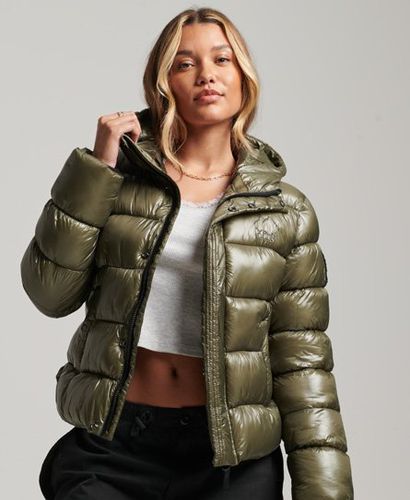 Women's Hooded Shine Sports Puffer Jacket Green / Dusty Olive - Size: 16 - Superdry - Modalova