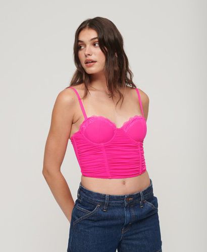 Women's Lace Ruched Mesh Crop Corset Top, Pink, Size: 12 - Superdry - Modalova