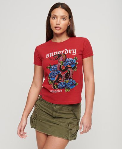 Women's Tattoo Rhinestone Fitted T-Shirt Red / Risk Red - Size: 14 - Superdry - Modalova