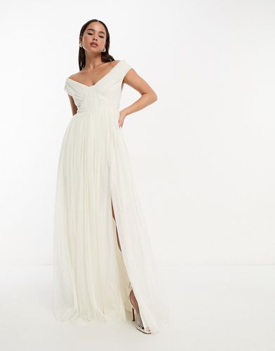 Vestito da sposa lungo in tulle color avorio con spacco e scollo alla Bardot - Anaya - Modalova