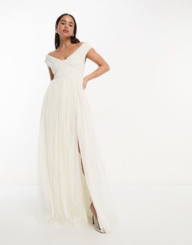 Vestito da sposa lungo in tulle color avorio con spacco e scollo alla Bardot - Anaya - Modalova