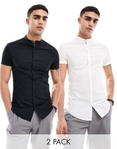 Confezione da 2 camicie skinny con collo serafino e maniche arrotolate color bianco e nero - ASOS DESIGN - Modalova