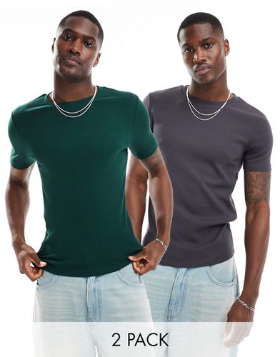 Confezione da 2 T-shirt attillate antracite e verde scuro a coste - ASOS DESIGN - Modalova
