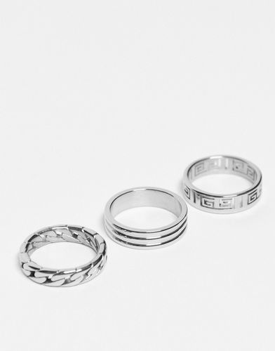 Confezione da 3 anelli a fascia in acciaio inossidabile resistente all'acqua argentato con motivo a onde greche e stile corda - ASOS DESIGN - Modalova