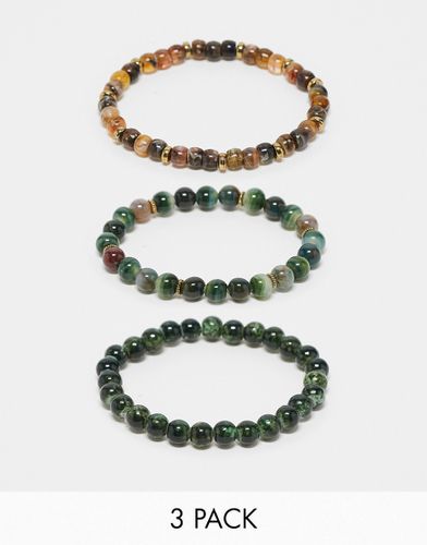 Confezione da 3 bracciali con perline color oro e verdi con pietre semipreziose miste - ASOS DESIGN - Modalova