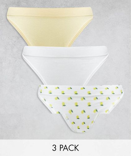 Confezione da 3 perizomi senza cuciture a coste bianco, giallo limone e con stampa di limoni - ASOS DESIGN - Modalova