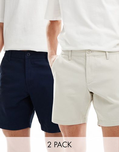 Confezione risparmio da 2 pantaloncini chino slim stretch di media lunghezza blu navy e color pietra - ASOS DESIGN - Modalova