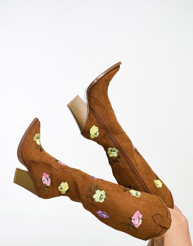 Catapult - Stivali al ginocchio marroni ricamati con tacco stile western - ASOS DESIGN - Modalova