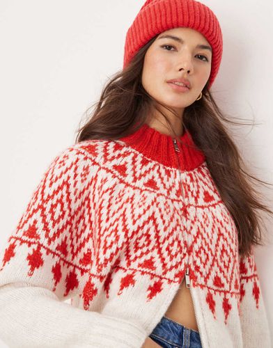 Cardigan spesso con zip e motivo Fair Isle color rosso e crema - ASOS DESIGN - Modalova