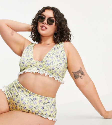 Curve - Slip bikini a vita alta con stampa floreale mista e volant - ASOS DESIGN - Modalova