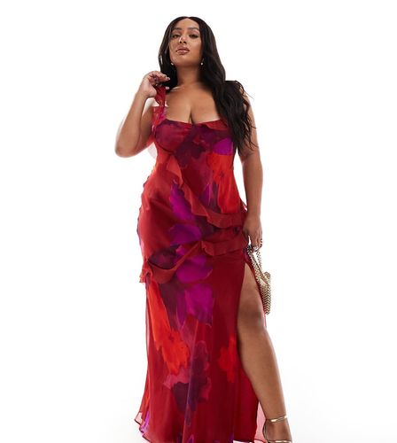 ASOS DESIGN Curve - Robe longue à volants effilochés nouée dans le dos - Imprimé fleurs bordeaux - Asos Curve - Modalova