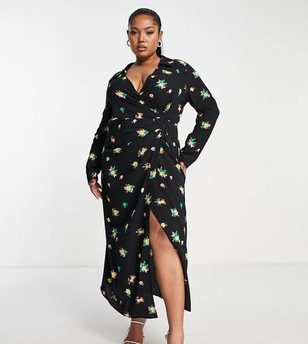 ASOS DESIGN Curve - Vestito camicia midi a portafoglio con bottoni e arricciatura sul davanti nero con stampa a fiori - ASOS Curve - Modalova