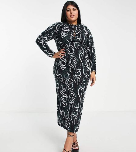 ASOS DESIGN Curve - Vestito longuette a colonna allacciato sul davanti con stampa stile tatuaggio - ASOS Curve - Modalova