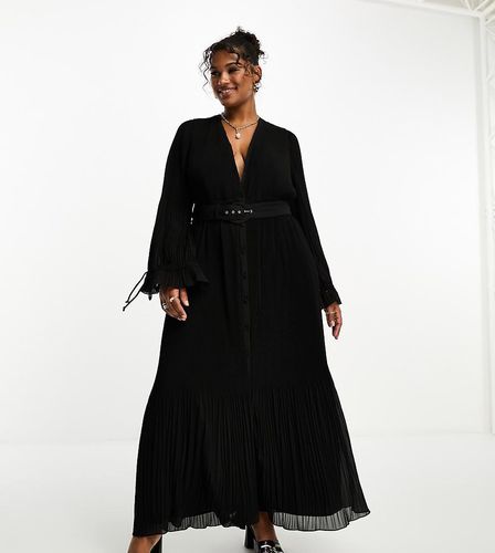 ASOS DESIGN Curve - Vestito midi nero a pieghe con maniche a campana e cintura - ASOS Curve - Modalova