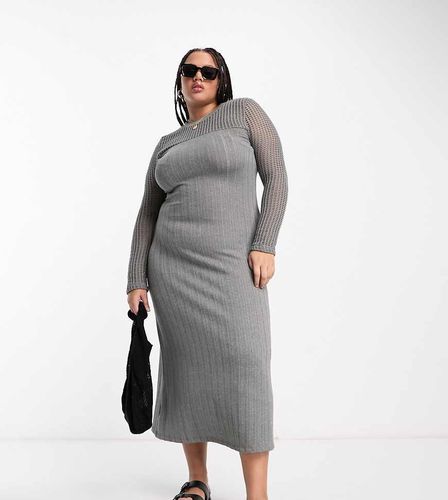 ASOS DESIGN Curve - Vestito midi a maniche lunghe grigio a coste con inserto all'uncinetto - ASOS Curve - Modalova