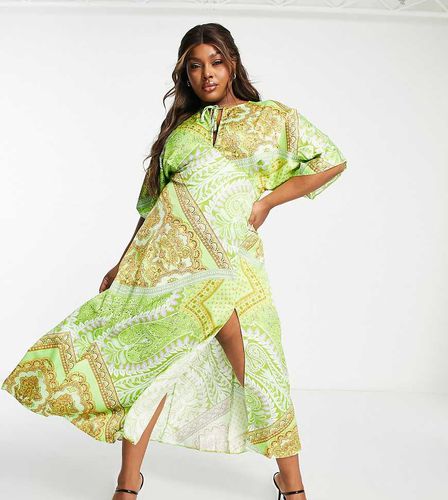 ASOS DESIGN Curve - Vestito midi a pannelli in raso verde con stampa foulard con apertura a goccia - ASOS Curve - Modalova