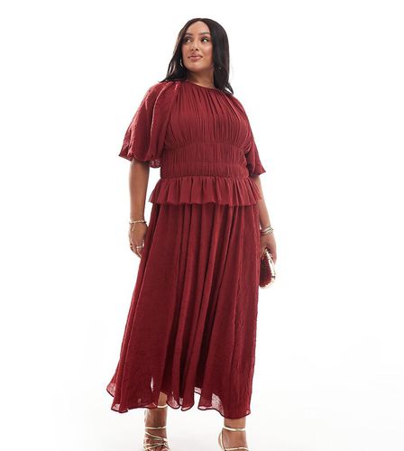 ASOS DESIGN Curve - Vestito midi bordeaux con maniche a sbuffo e vita arricciata - ASOS Curve - Modalova