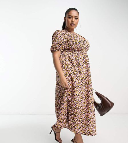 ASOS DESIGN Curve - Vestito midi da giorno arricciato in vita con maniche voluminose con stampa a fiorellini - ASOS Curve - Modalova