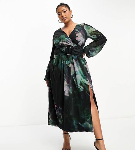 ASOS DESIGN Curve - Vestito midi verde con stampa a fiori sfocati e scollo profondo - ASOS Curve - Modalova