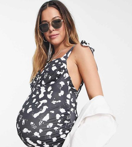 Maternity - Costume da bagno bianco e nero con stampa a pois con spalline allacciate e coppe arricciate - ASOS DESIGN - Modalova