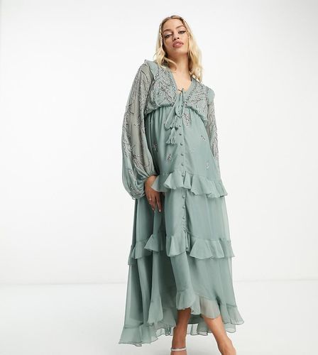 ASOS DESIGN Maternity - Robe mi-longue douce boutonnée avec fleurs à ornements - Sauge - Asos Maternity - Modalova