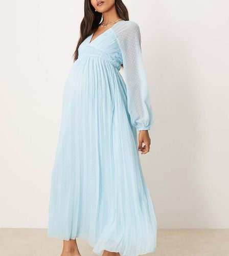 ASOS DESIGN Maternity - Robe plissée longueur mollet à manches longues et décolleté plongeant - Bleu pastel - Asos Maternity - Modalova