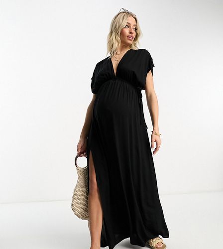 ASOS DESIGN Maternity - Vestito da mare lungo con maniche con volant e coulisse allacciata in vita nero - ASOS Maternity - Modalova