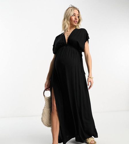 Maternity - Vestito da mare lungo con maniche con volant e coulisse allacciata in vita nero - ASOS DESIGN - Modalova