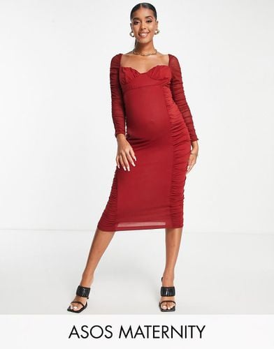 ASOS DESIGN Maternity - Vestito midi arricciato con maniche a rete - ASOS Maternity - Modalova