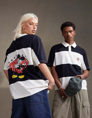 Polo oversize unisex nera slavata a righe con stampa Disney di Topolino - ASOS DESIGN - Modalova