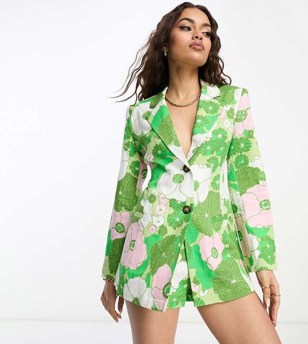 ASOS DESIGN Petite - Blazer da abito slim in misto lino con stampa rétro a fiori e lacci sul retro - ASOS Petite - Modalova