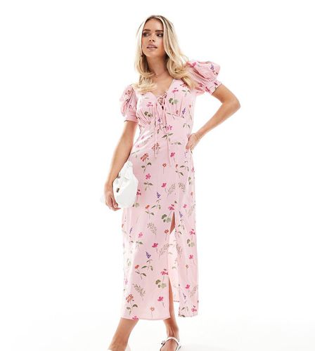 ASOS DESIGN Petite - Vestito midi rosa stampato con maniche a sbuffo e laccetti - ASOS Petite - Modalova