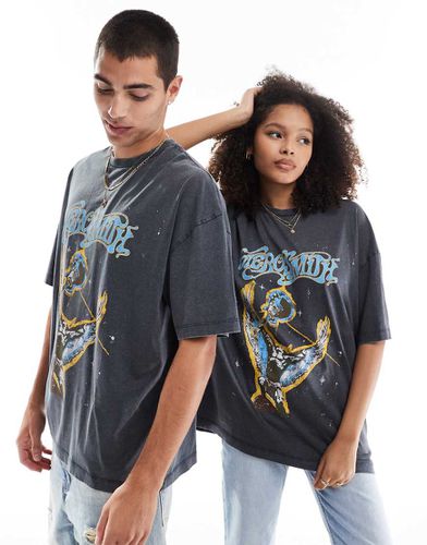 T-shirt unisex oversize nero slavato con stampa su licenza degli Aerosmith - ASOS DESIGN - Modalova