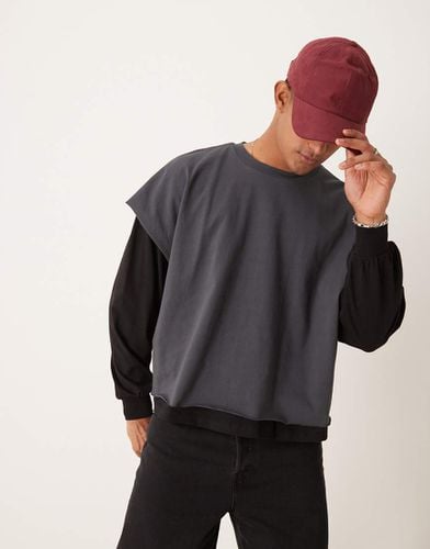 T-shirt a maniche lunghe nero slavato super oversize squadrata a doppio strato - ASOS DESIGN - Modalova