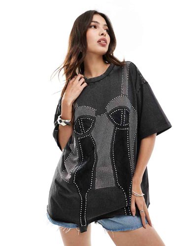 T-shirt oversize antracite slavato con grafica applicata stile corsetto - ASOS DESIGN - Modalova